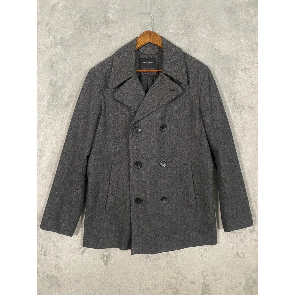 Banana Republic Peacoat Sz M Grey Wool Blend Herringbone Double Breasted Preppy